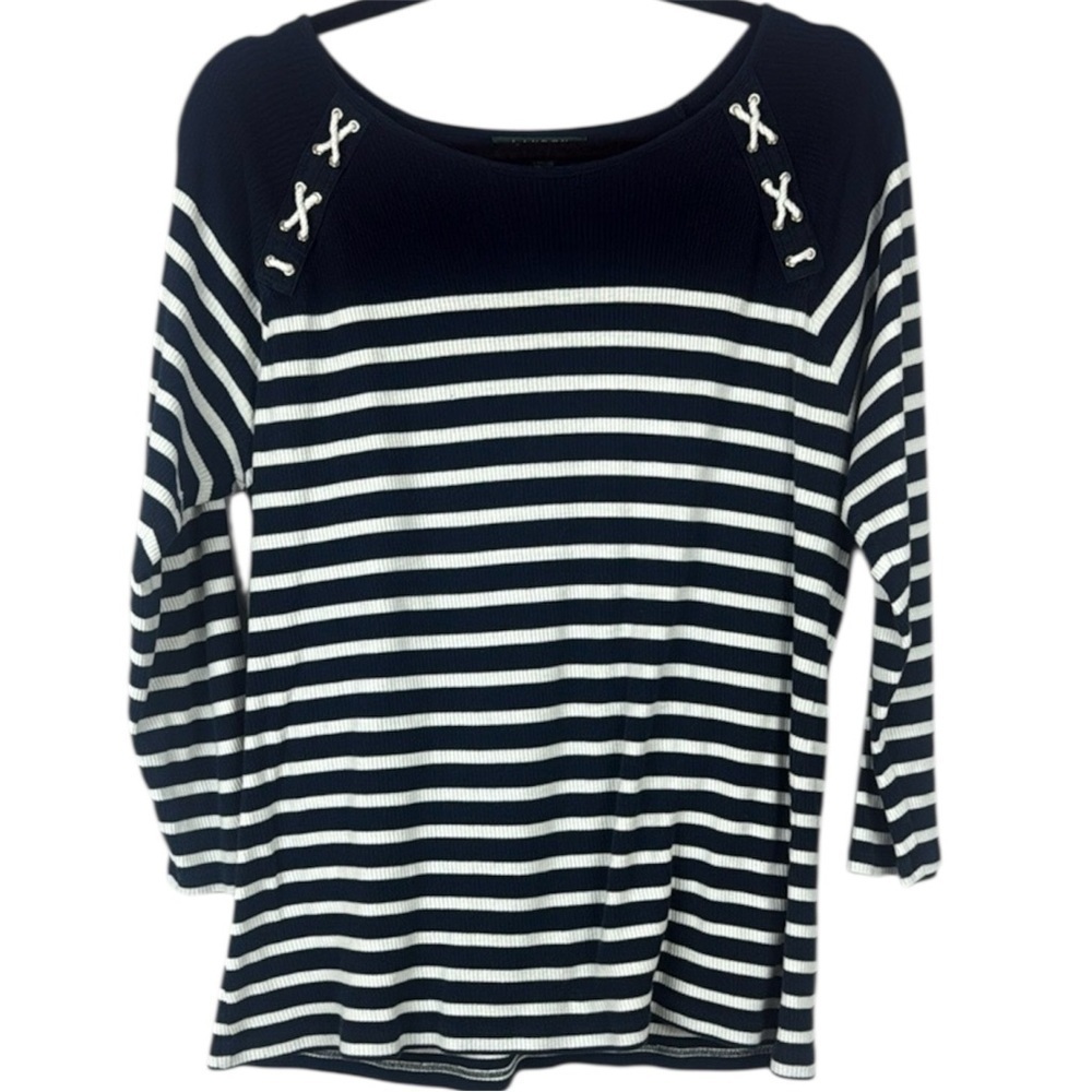 Lauren Ralph Lauren Navy & White Striped 3/4 Sleeve Cotton Knit Size XL